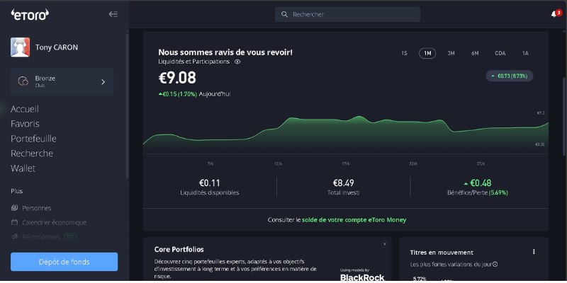 Capture d'écran de la plateforme eToro